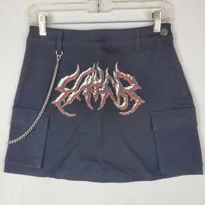 SWIXXZ Rustic Metal Black Cargo Skirt Graphic Print Chain Button Choose Size